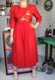 Vintage 70s Red Gold Monochrome Floral Pleated Midi Dress