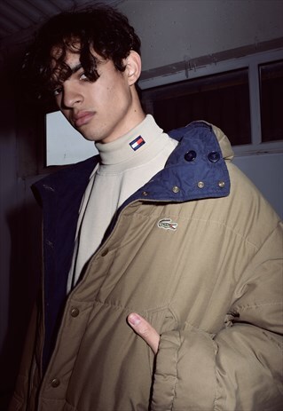 RARE VINTAGE LACOSTE KHAKI AND NAVY REVERSIBLE PUFFA COAT