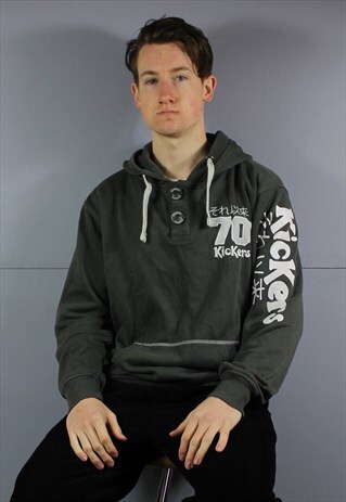 VINTAGE KICKERS HOODIE IN GREY WITH POUCH POCKET AND PRINTED
