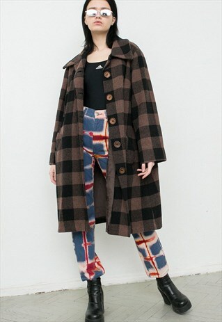 VINTAGE WOOL COAT CHECKED BROWN BLACK LONG SLEEVED OVERSIZE