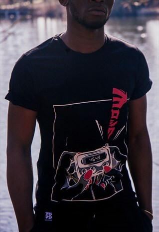 ORGANIC T-SHIRT BLACK RETRO PAGER BEEPER HAND JAPANESE MANGA