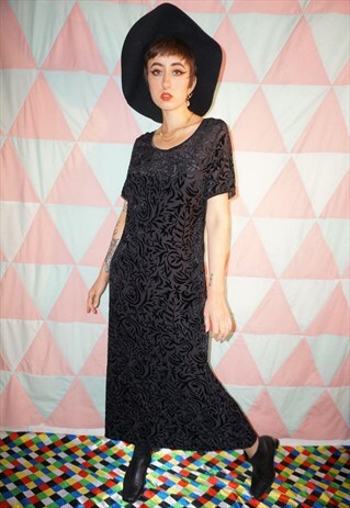 VINTAGE 90S BLACK VELVET BURNOUT MESH EVENING MAXI DRESS