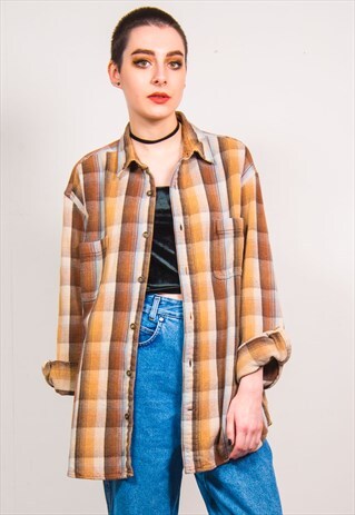 VINTAGE 90'S BROWN CHECKED THICK FLANNEL OVERSIZED SHIRT