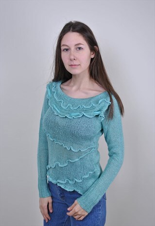 RUFFLE WOMEN BLOUSE, 90S KNIT SHIRT, VINTAGE GREEN BOHO TOP