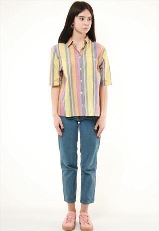 VINTAGE VTG RETRO STRIPED SHORT SLEEVES BLOUSE SHIRT TOP 257