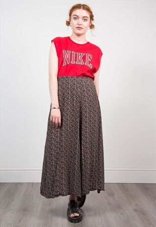 VINTAGE BLACK FLORAL PATTERN BOHO MIDI SKIRT