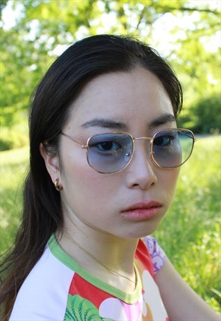 AKI BLUE LENS RETRO GOLD FRAME SUNGLASSES