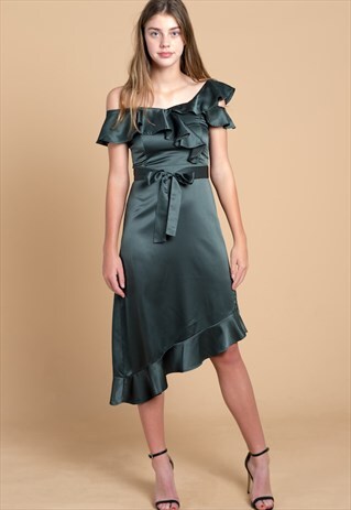 ALEXA ASYMMETRICAL RUFFLE DRESS IN EMERALD GREEN