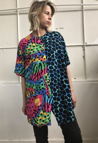 VINTAGE 80' SUMMER CRAZY PATTERN CUTE VISCOSE BLOUSE