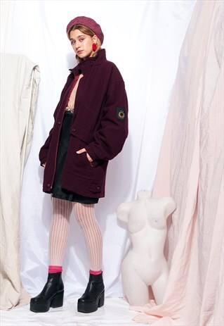 VINTAGE WOOL COAT 80S GRUNGE MAROON MILITARY JACKET