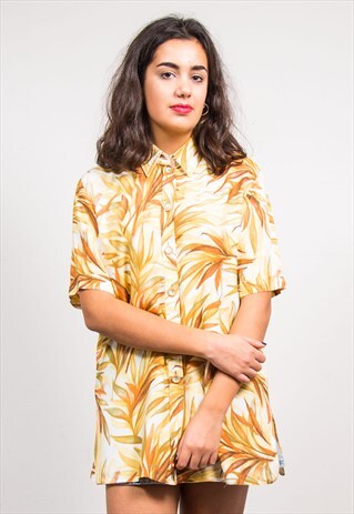 90'S VINTAGE LEAF PATTERN SHORT SLEEVE OVERSIZE SHIRT