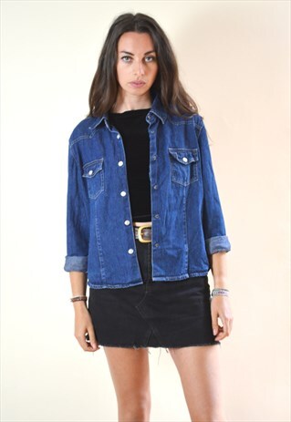 1990S VINTAGE MID BLUE POPPER DENIM SHIRT