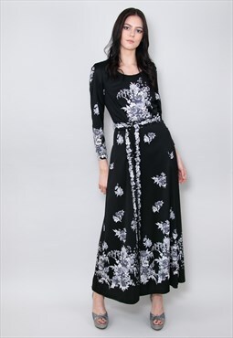 70's Vintage Ladies Dress Black White Floral Midi