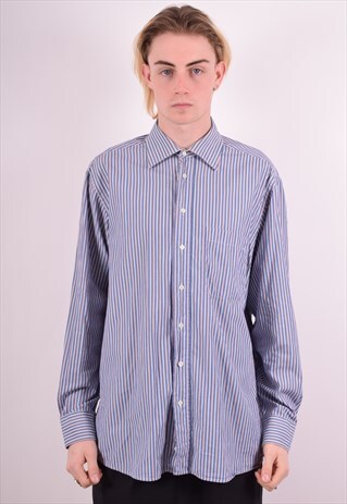HUGO BOSS MENS VINTAGE SHIRT LARGE BLUE STRIPES 90S