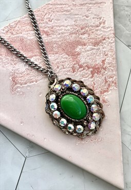 60s Green Rhinestone Pendant Necklace Vintage Jewellery 