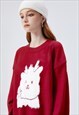 DEER SWEATER FLUFFY JUMPER SOFT KNITTED PULLOVER IN RED 