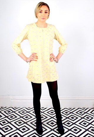 VINTAGE 60'S JAPANESE CREAM FLORAL EMBROIDERED MINI DRESS