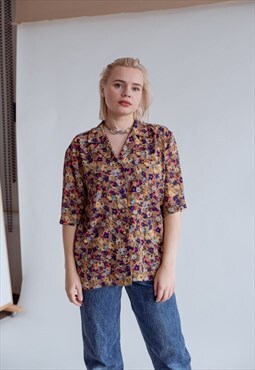 Vintage 90s Oversized Short Sleeve Floral Blouse in Multi M
