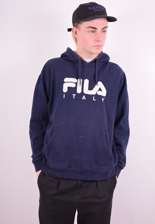 FILA MENS VINTAGE HOODIE JUMPER XL NAVY BLUE 90'S