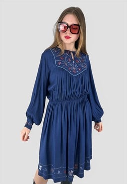 70's Vintage Blue Cotton Embroidery Folk Bell Sleeve Dress
