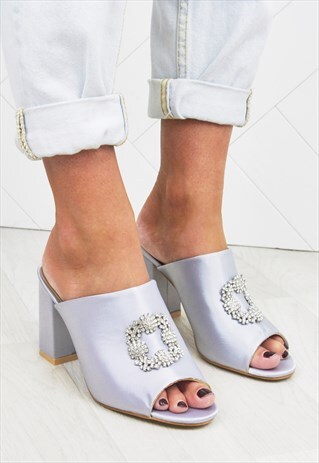 ALICE SILVER SATIN BLOCK HEEL MULES WITH CRYSTAL DETAIL