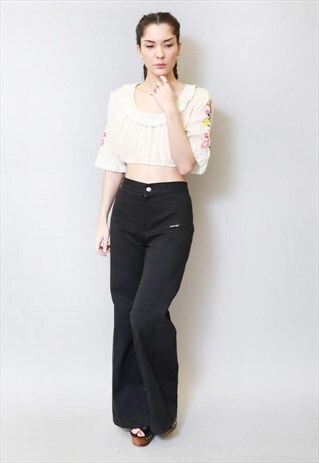 VINTAGE 1970'S CREAM COTTON FLORAL EMBROIDERED CROP TOP