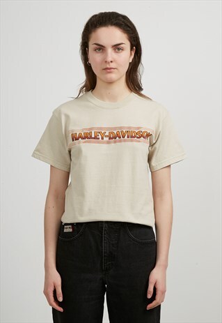 90S VINTAGE BEIGE HARLEY DAVIDSON CREW NECK T-SHIRT