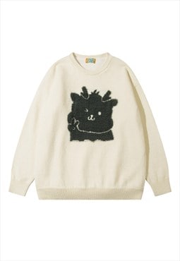 Deer sweater fluffy jumper soft knitted pullover in cream