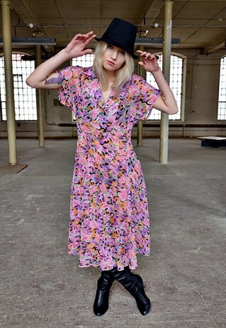 80S VINTAGE PATTERNED PINK DRESS