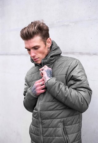 ZIP UP PUFFER HOODED PADDED JACKET - SILVER GREY