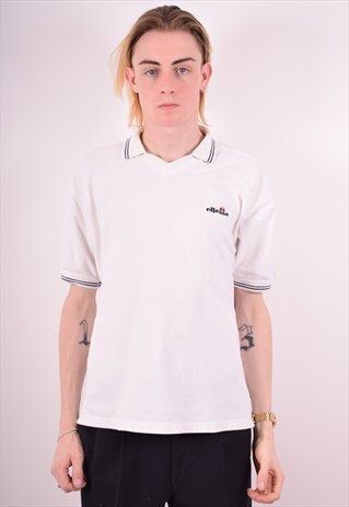 ELLESSE MENS VINTAGE POLO SHIRT MEDIUM WHITE 90S