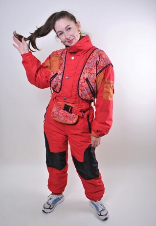 RED VINTAGE PATTERN SKI SUIT, 80S WOMAN SNOW SUIT WITH BAG