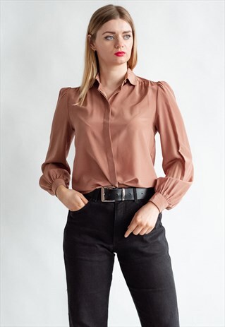 VINTAGE 80S PARIS CHIC PUFFER SLEEVE SHIRT IN CHOCO BROWN