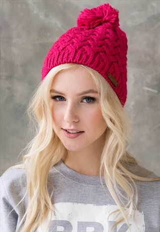HAND KNIT STYLE BOBBLE SLOUCHY BEANIE POM POM HAT CUTE PINK