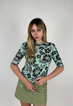 Vintage 00s Roxy Hibiscus Flowers Mesh Top  