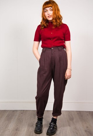 VINTAGE 90'S MAROON HIGH WAIST TAPERED SMART TROUSERS