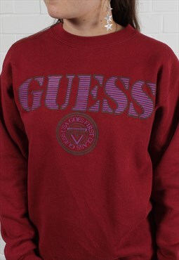 Vintage Guess Sweater in Red with Spell Out Logo Medium