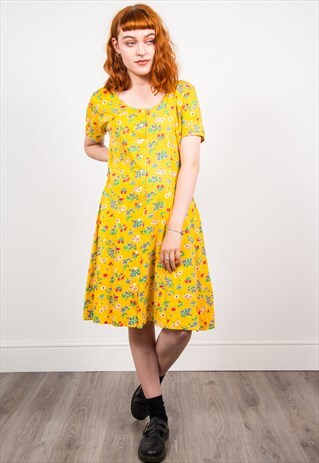 VINTAGE 90'S YELLOW FLORAL PATTERN MIDI DRESS