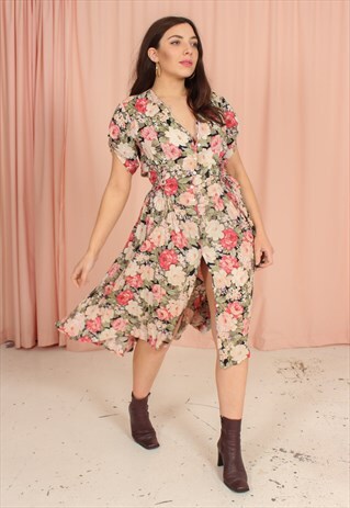 VINTAGE 80S MIDI TEA DRESS IN FLORAL WALLPAPER PRINT