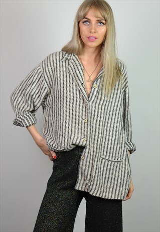 VINTAGE 90S BLACK WHITE STRIPE BOHO TUNIC TOP GRANDAD SHIRT