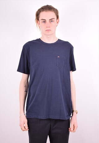 TOMMY HILFIGER MENS VINTAGE T-SHIRT TOP LARGE NAVY BLUE 90S
