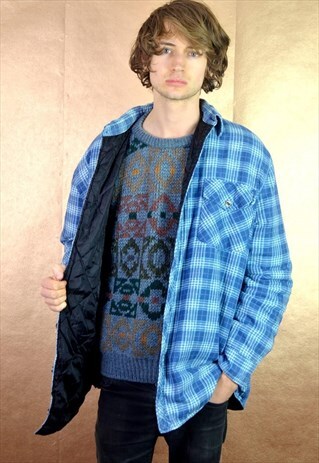 90S VINTAGE PADDED LINED BLUE CHECK LUMBERJACK SHIRT JACKET