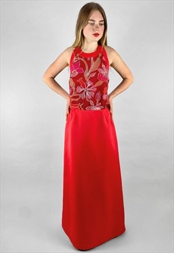70's Vintage Ladies Red Halter Neck Evening Maxi Dress