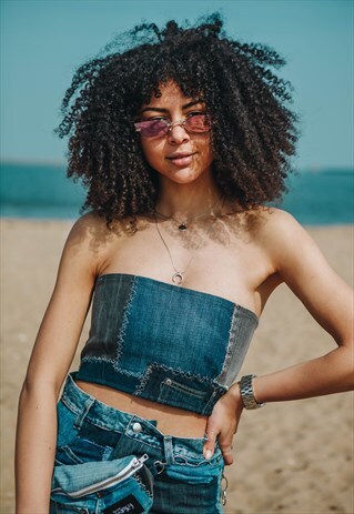 JUST HARRY PATCHWORK BOOB TUBE IN REWORKED DENIM