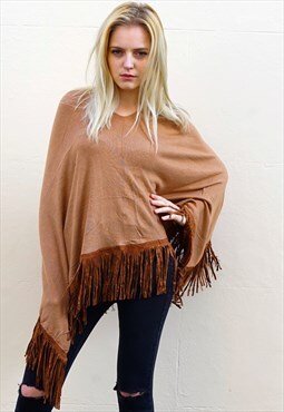 Camel brown color Knitted cape with Faux Leather Tassel