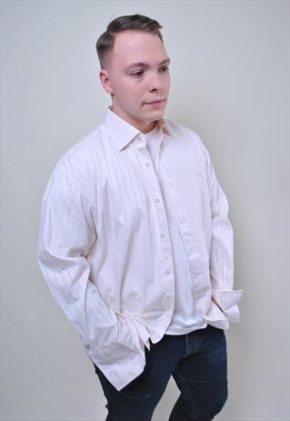 VINTAGE STRIPED BEIGE SHIRT, RETRO MEN DRESS BUTTON DOWN