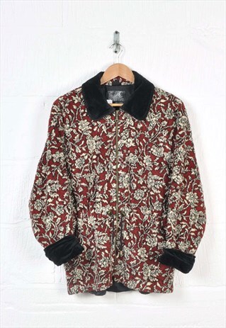 Vintage Fleece Jacket Retro Floral Pattern Red Ladies Small