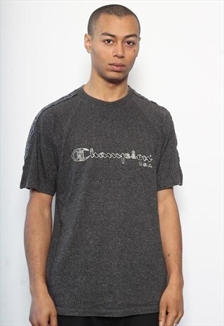 VINTAGE CHAMPION TAPE LOGO SPELLOUT T-SHIRT GREY