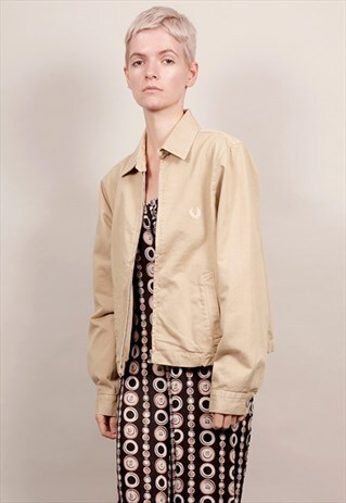 VINTAGE 90'S FRED PERRY BEIGE COLLARED BOMBER JACKET