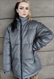 FAUX LEATHER QUILTED BOMBER RUBBER PADDED PUFFER JACKET GREY